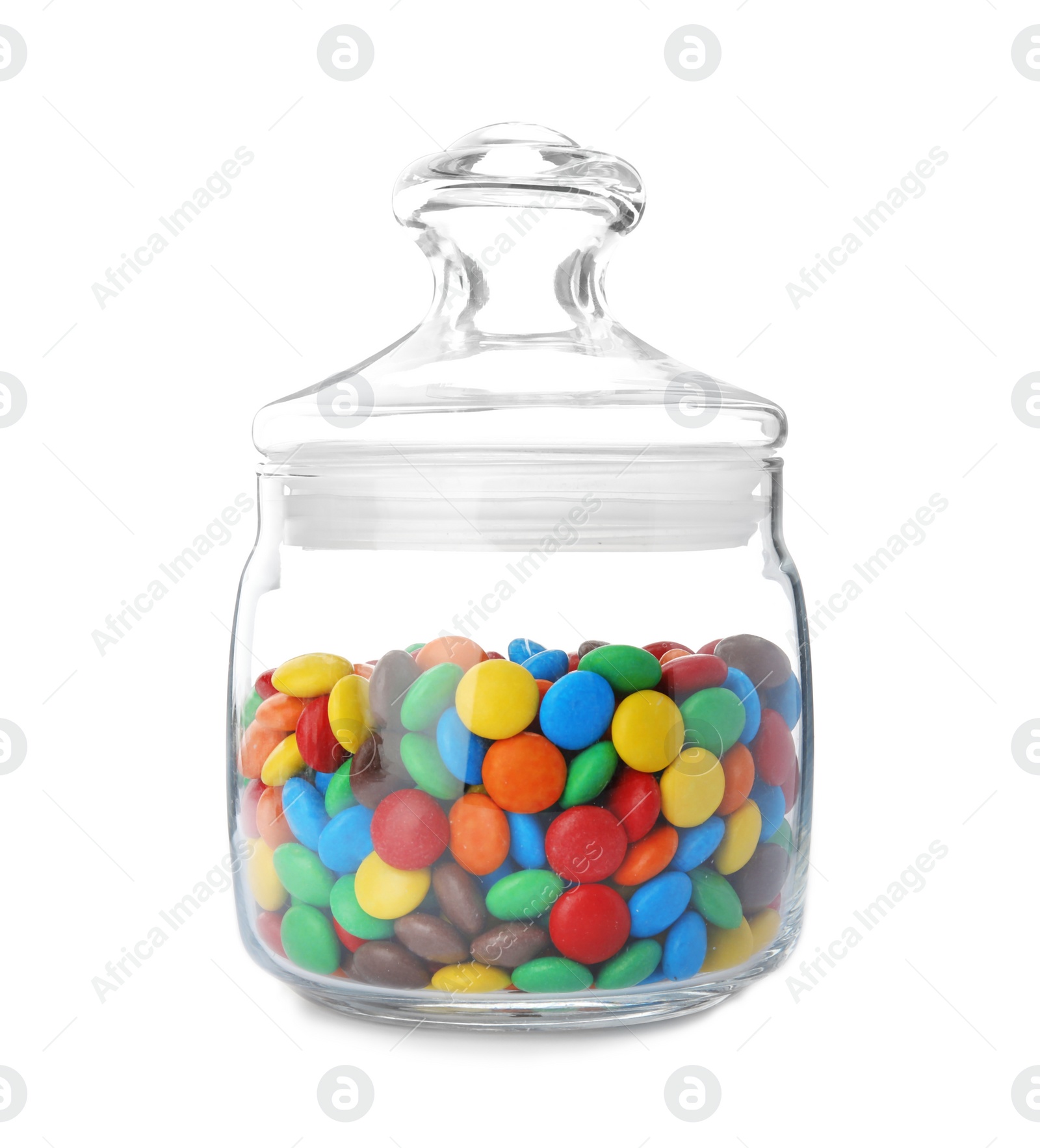 Photo of Jar with colorful candies on white background