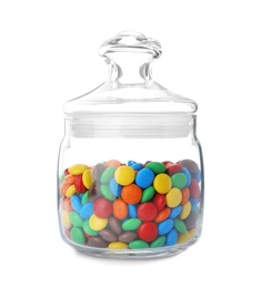 Photo of Jar with colorful candies on white background