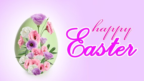Image of Happy Easter. Egg floral design on color background
