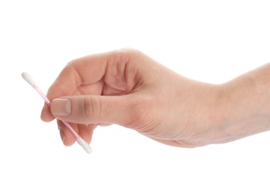 Photo of Woman holding cotton swab on white background, closeup