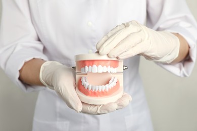 Photo of Dentist holding typodont teeth on light background, closeup