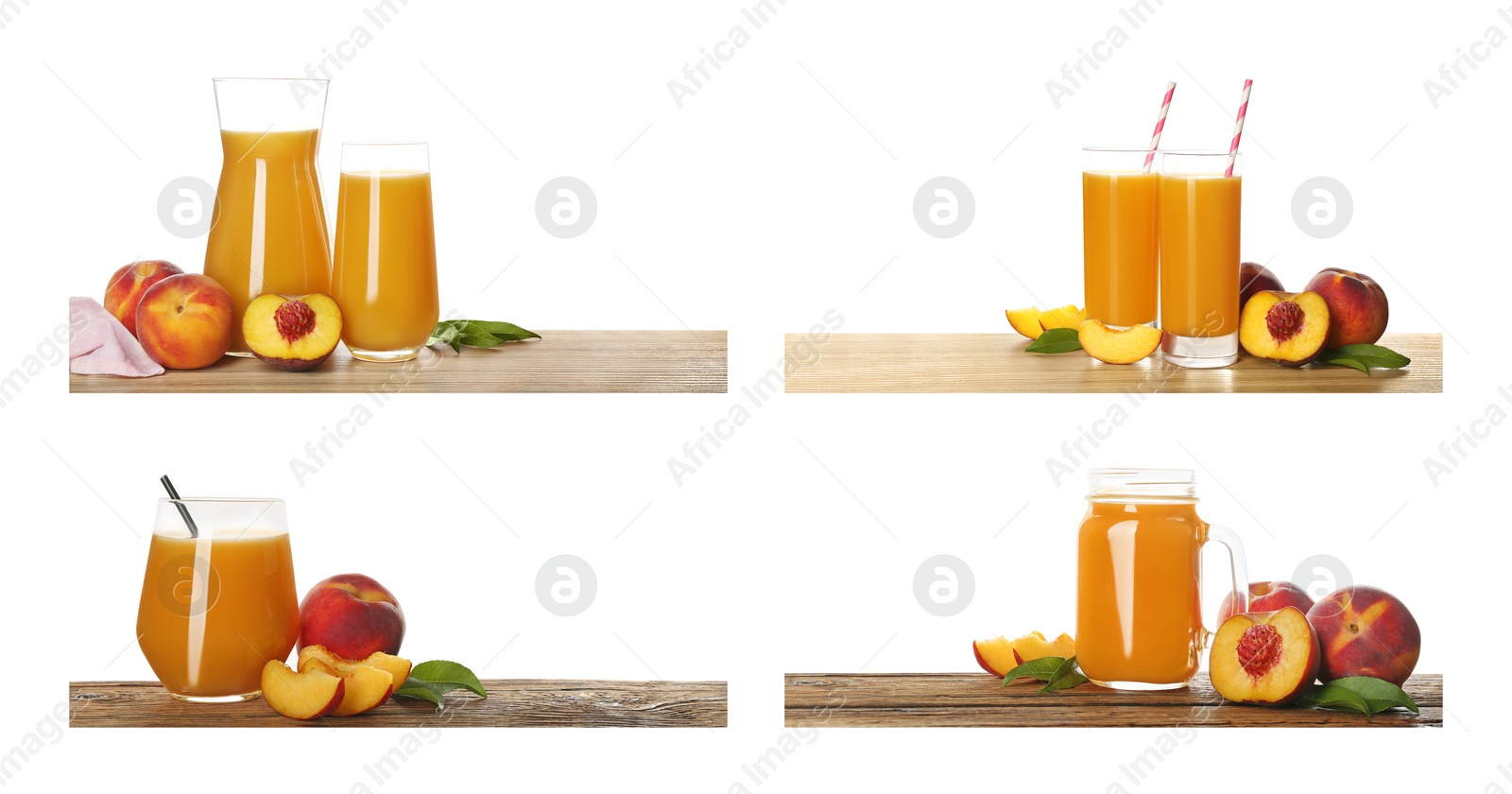 Image of Collage of peach juice and fresh fruits on different wooden surfaces, isolated on white