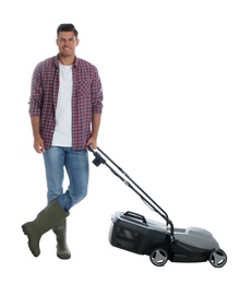 Photo of Man with modern lawn mower on white background