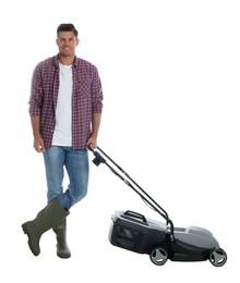 Man with modern lawn mower on white background