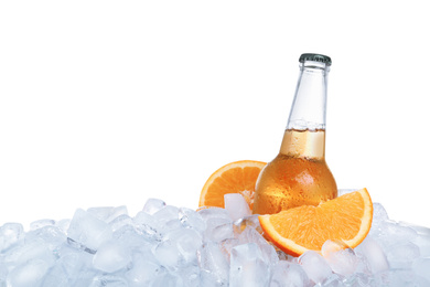 Photo of Ice cubes, drink and orange on white background
