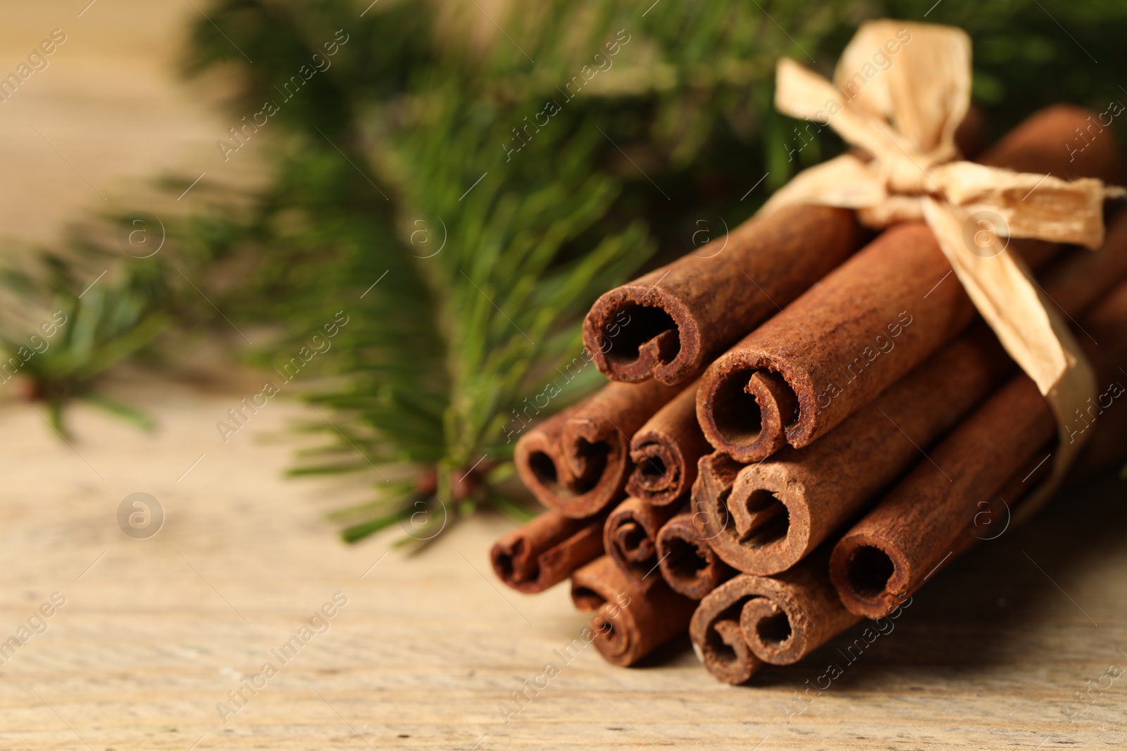 Photo of Bunch of cinnamon sticks and fir branches on wooden table, closeup. Space for text