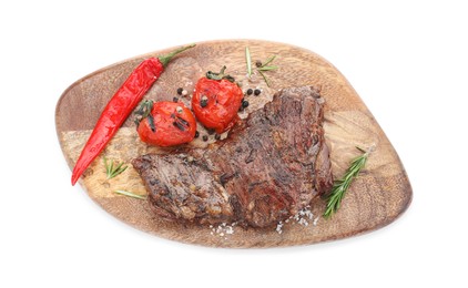 Photo of Delicious roasted beef meat, vegetables and spices isolated on white, top view