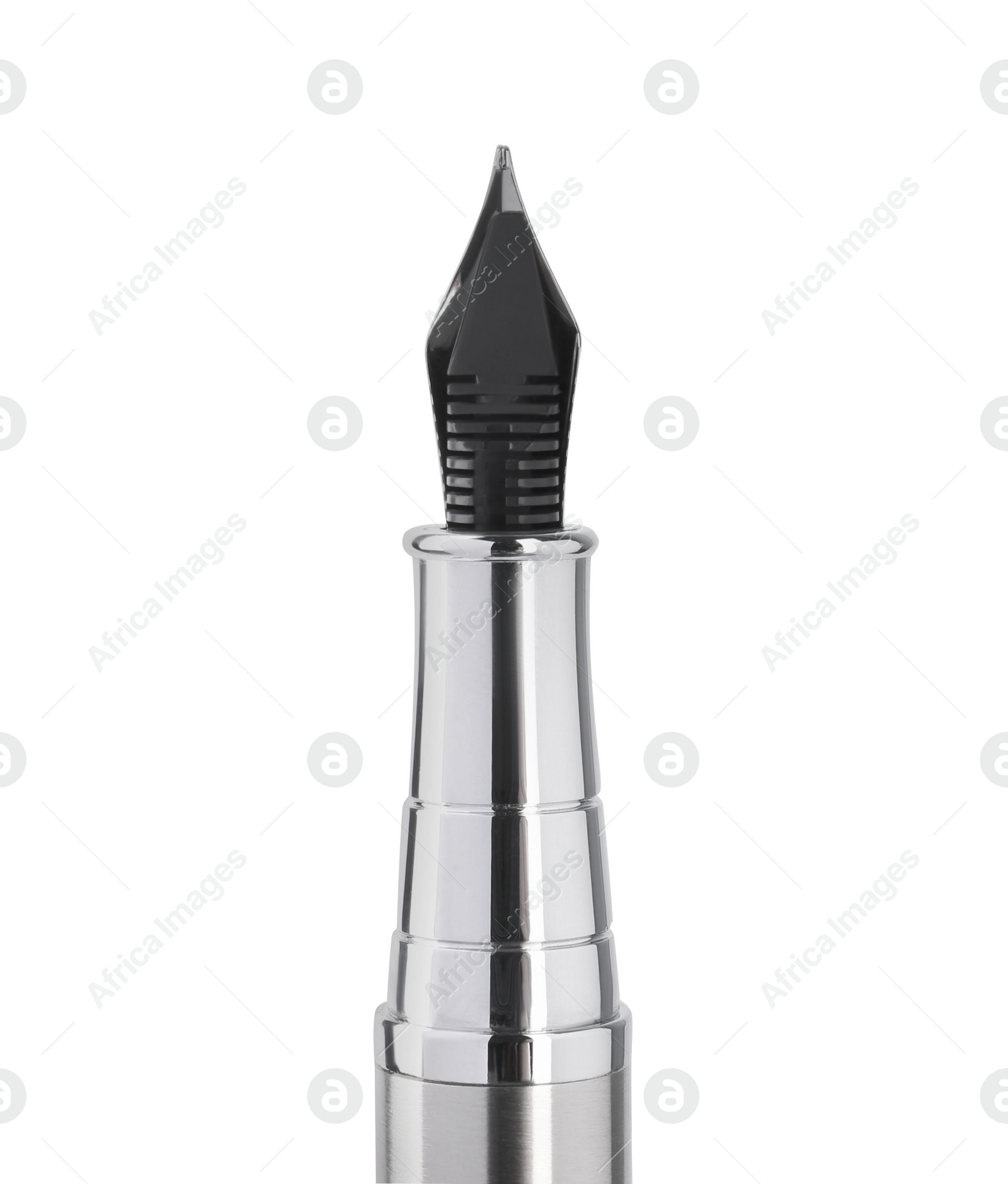 Photo of Stylish silver fountain pen isolated on white