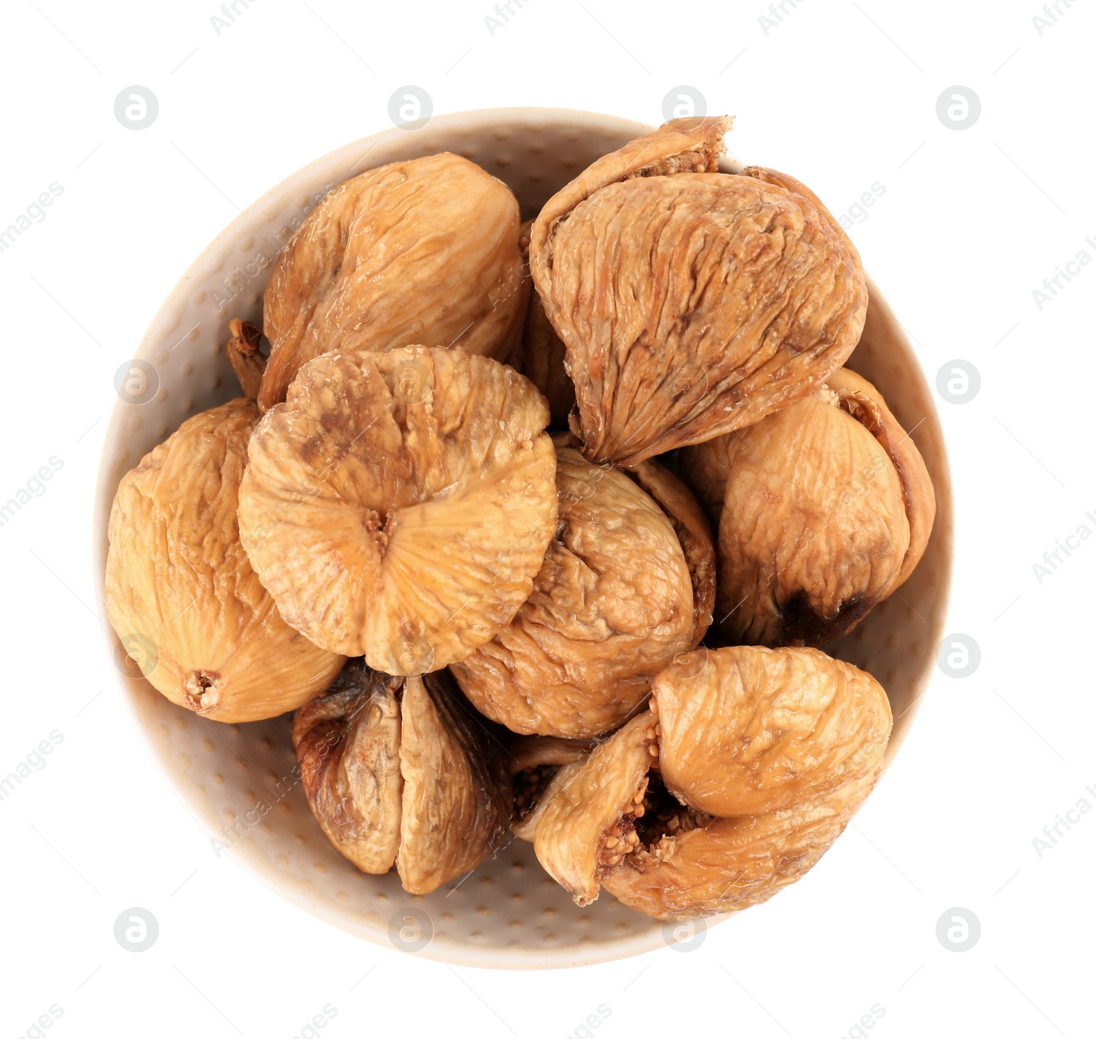 Photo of Bowl of dried figs on white background, top view