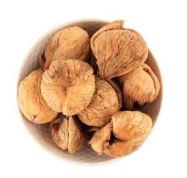 Bowl of dried figs on white background, top view