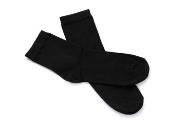 Photo of Pair of black socks isolated on white, top view