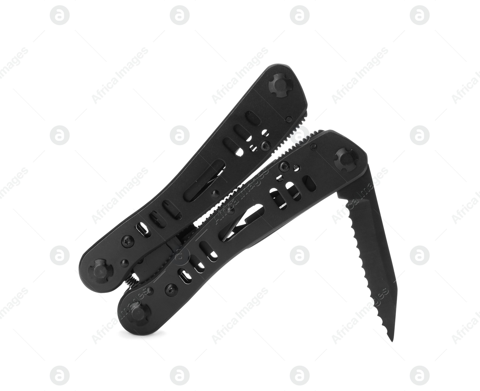 Photo of Compact portable multitool with black handles isolated on white