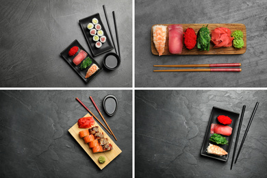 Image of Collage with photos of delicious sushi and rolls on grey table