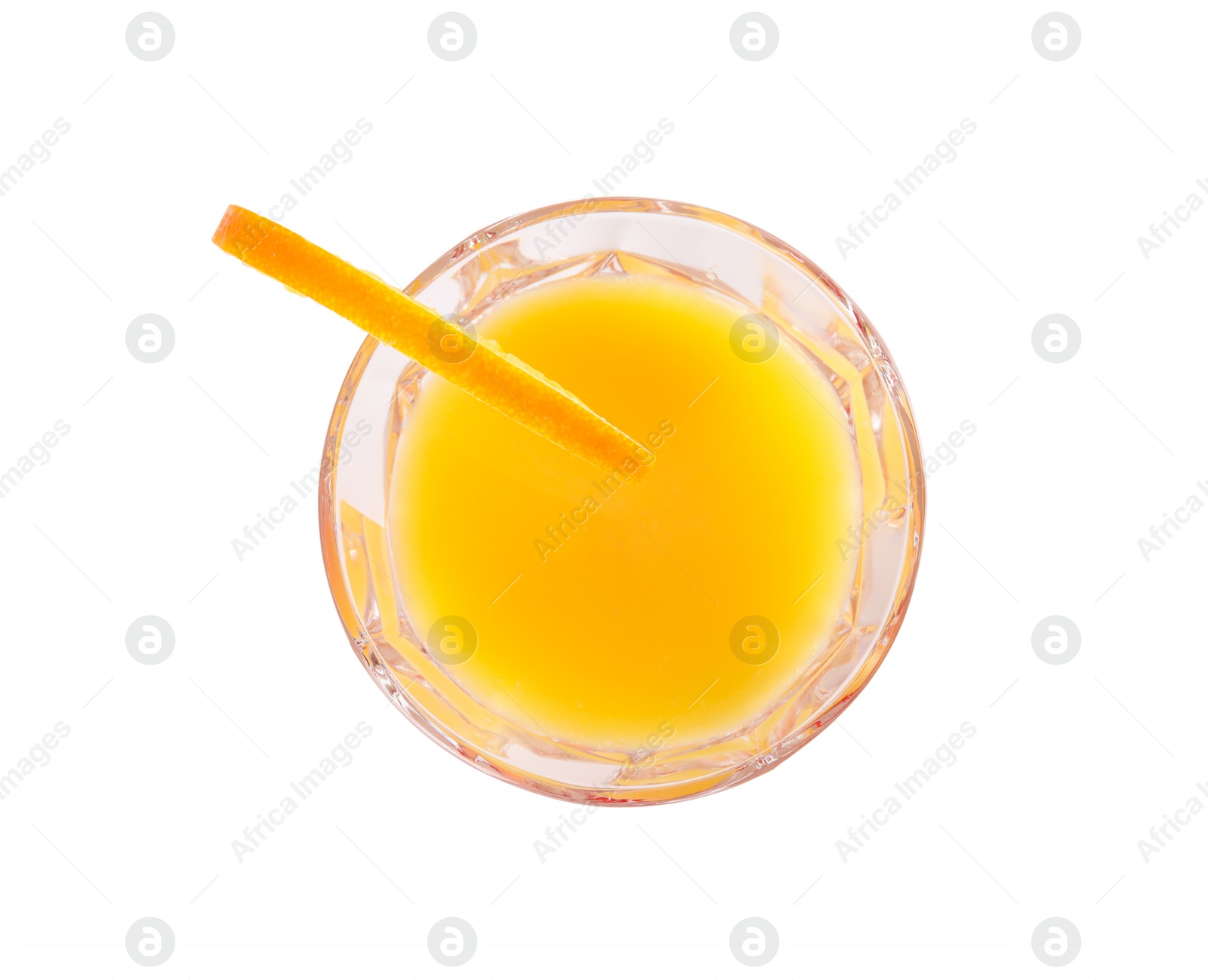 Photo of Fresh alcoholic Tequila Sunrise cocktail isolated on white, top view