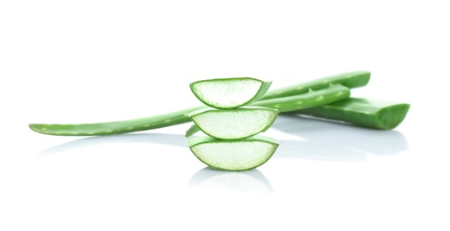 Slices of aloe vera on white background