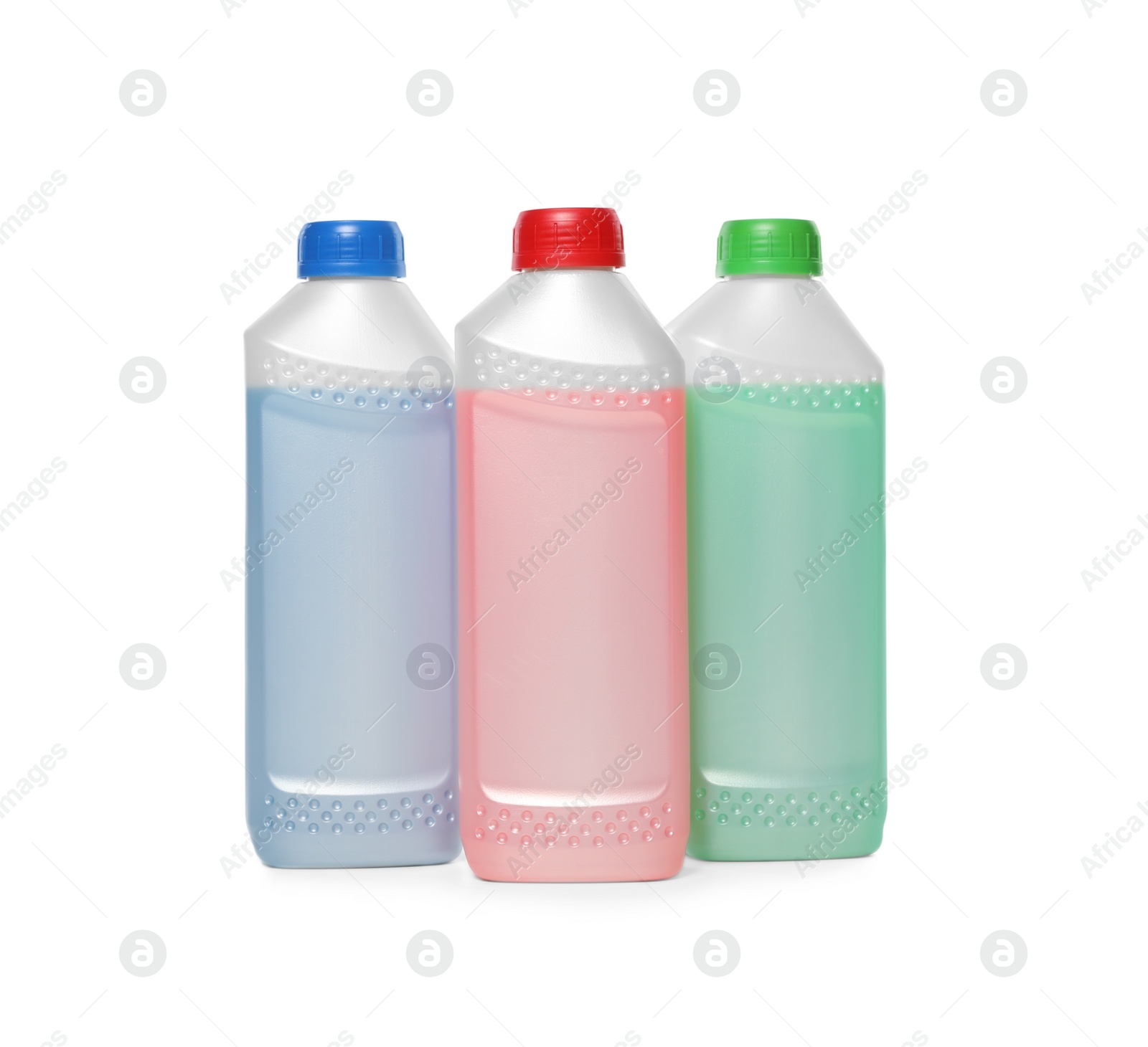 Photo of Antifreeze in plastic bottles isolated on white