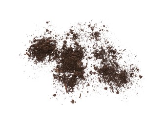 Photo of Pile of soil on white background, top view. Fertile ground