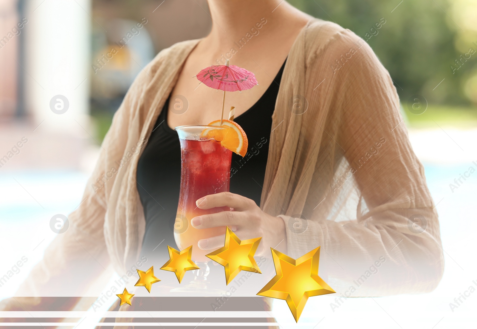 Image of Woman holding glass with delicious cocktail at five star hotel