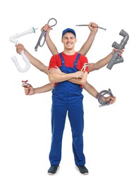 Image of Plumber with different tools on white background. Multitasking handyman