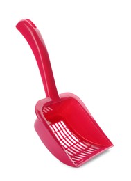 Red plastic scoop for cat litter isolated on white