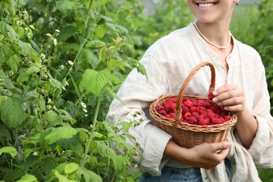 Photo of Woman holding wicker basket with ripe raspberries outdoors, closeup. Space for text