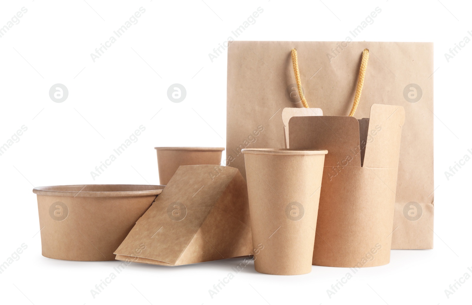 Photo of Eco friendly packaging. Disposable food containers and paper bag isolated on white