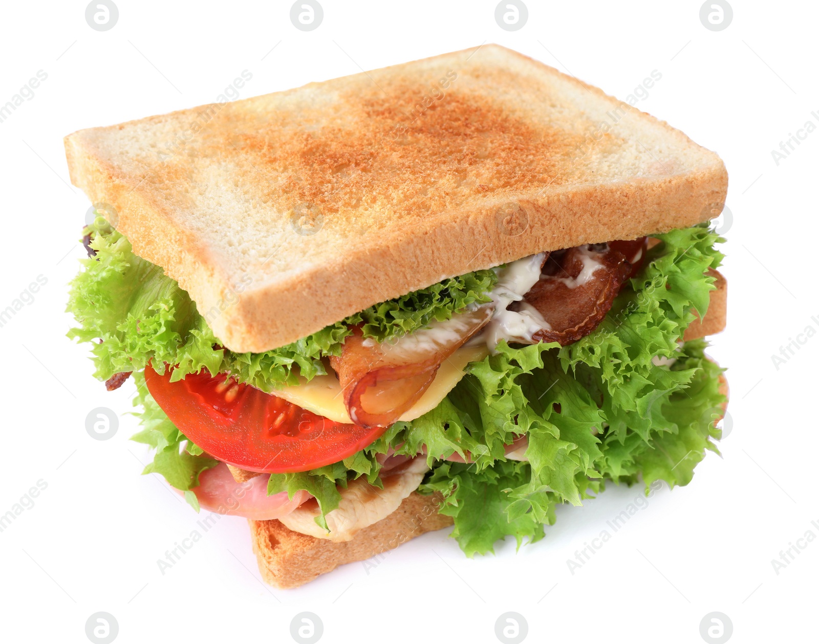 Photo of Yummy sandwich with bacon, ham and chicken isolated on white