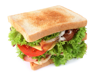 Yummy sandwich with bacon, ham and chicken isolated on white