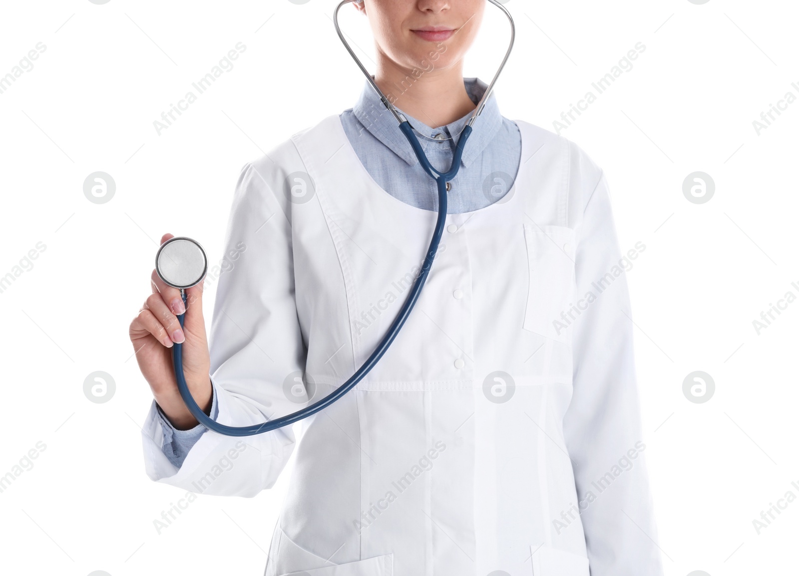 Photo of Female doctor holding stethoscope on white background, closeup