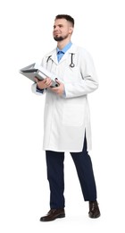 Photo of Doctor in coat with folders on white background