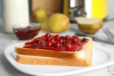 Slice of bread with jam on plate
