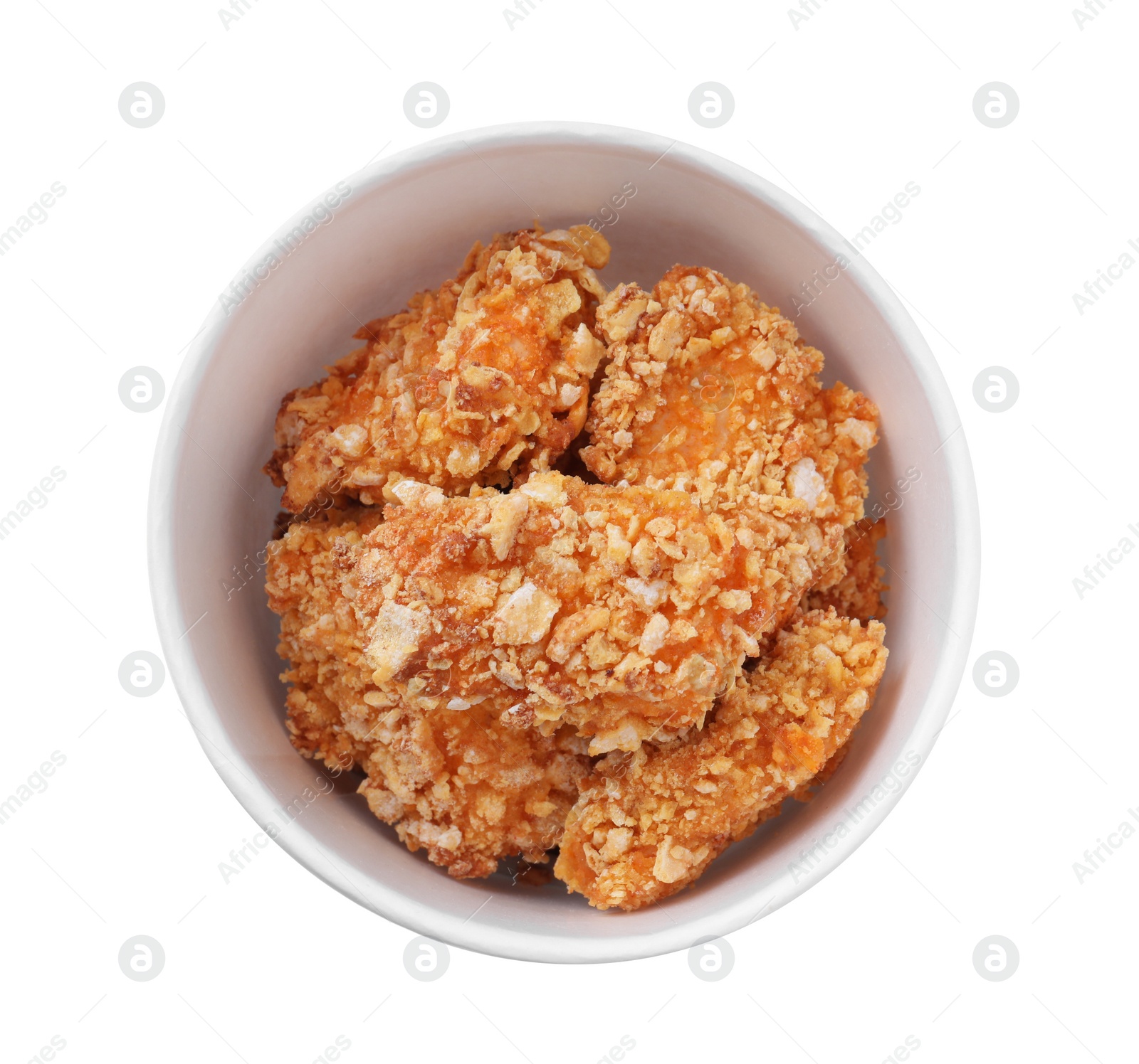 Photo of Bucket with yummy fried nuggets isolated on white, top view