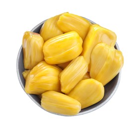 Delicious jackfruit bulbs in bowl on white background, top view