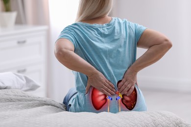 Image of Senior woman suffering from kidney pain at home, closeup