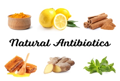 Set of fresh products and text Natural Antibiotics isolated on white