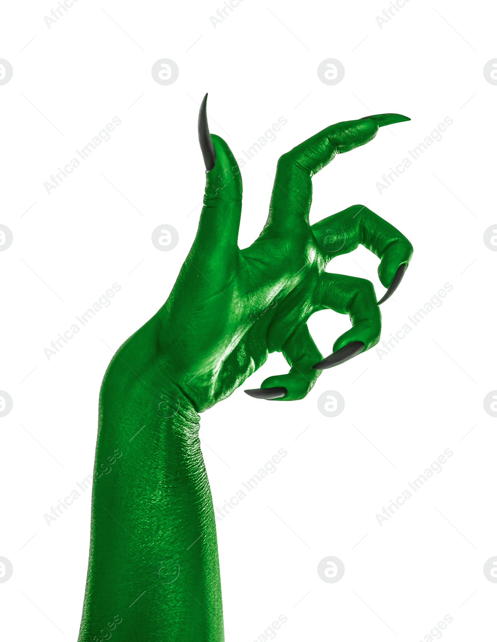 Image of Creepy monster. Green hand with claws isolated on white
