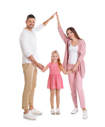 Photo of Happy family forming roof with their hands on white background. Insurance concept
