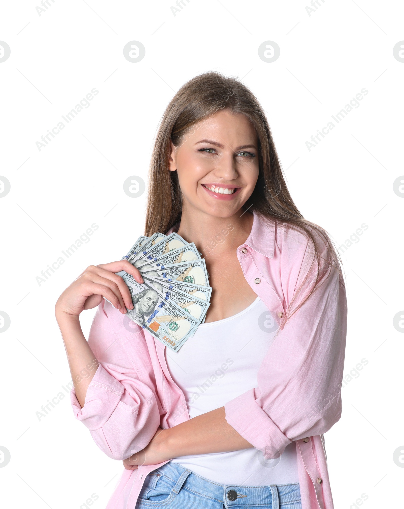 Photo of Portrait of happy young woman with money on white background