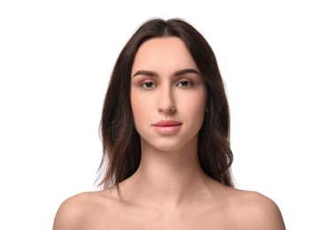 Portrait of beautiful young woman on white background