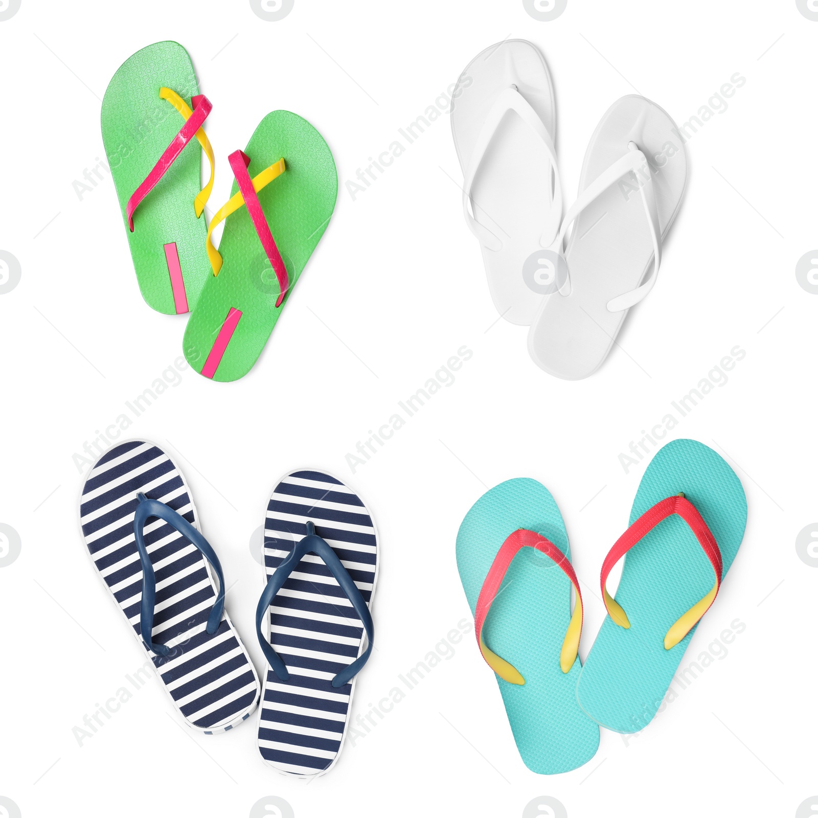 Image of Set with different flip flops on white background, top view 