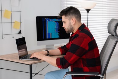 Photo of Young programmer working with laptop in office