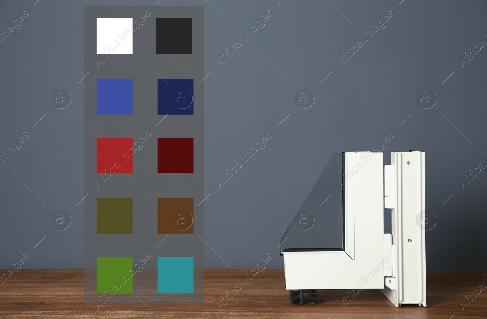 Image of Sample of modern window profile on table and avaiable colors palette