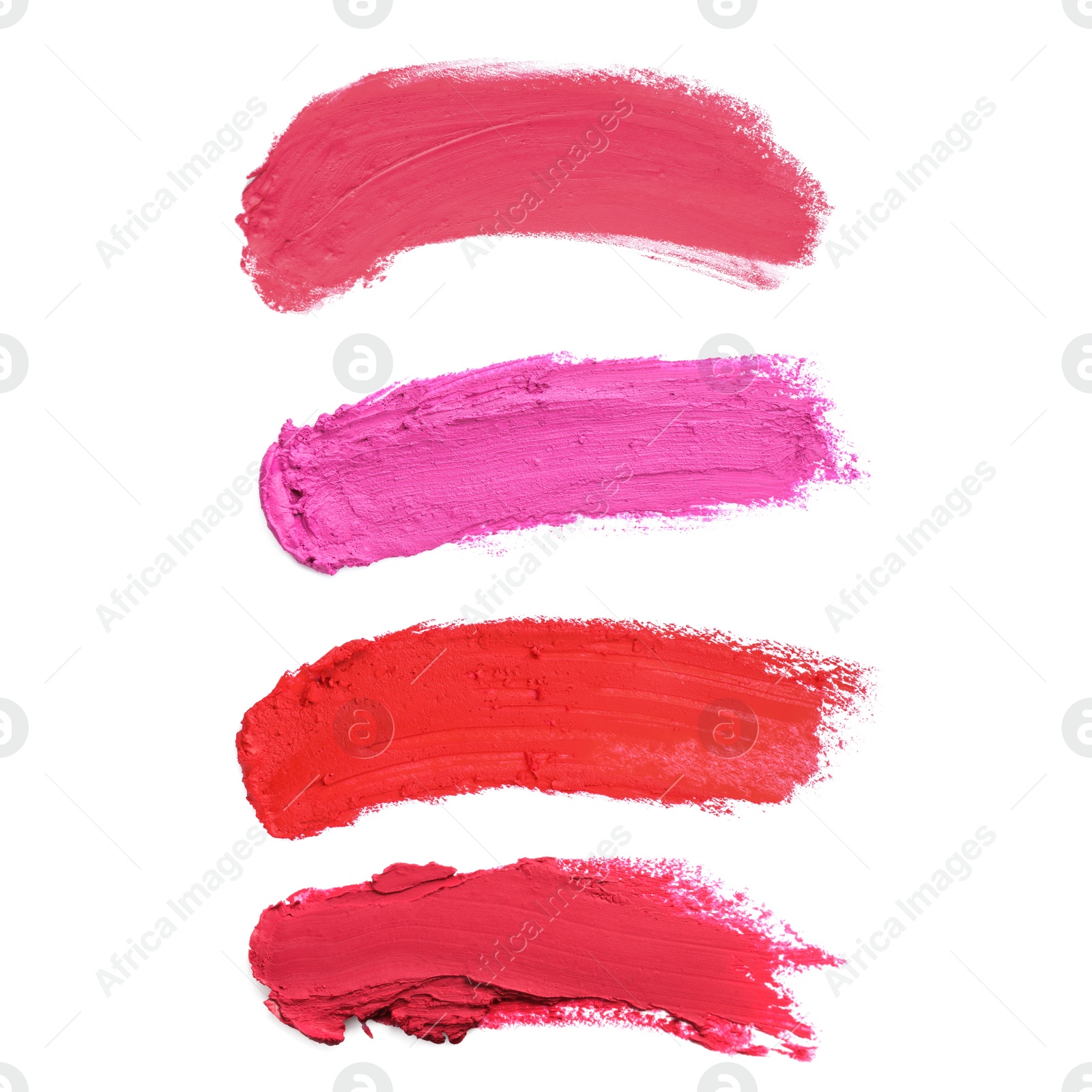 Image of Smears of different beautiful lipsticks on white background, top view