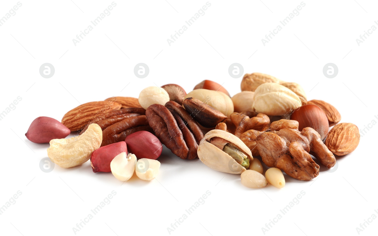 Photo of Pile of mixed organic nuts on white background