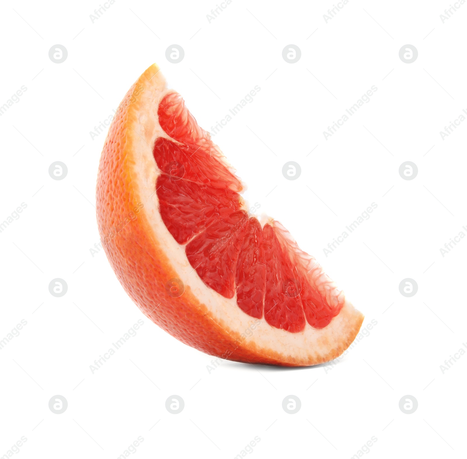 Photo of Slice of ripe juicy grapefruit on white background