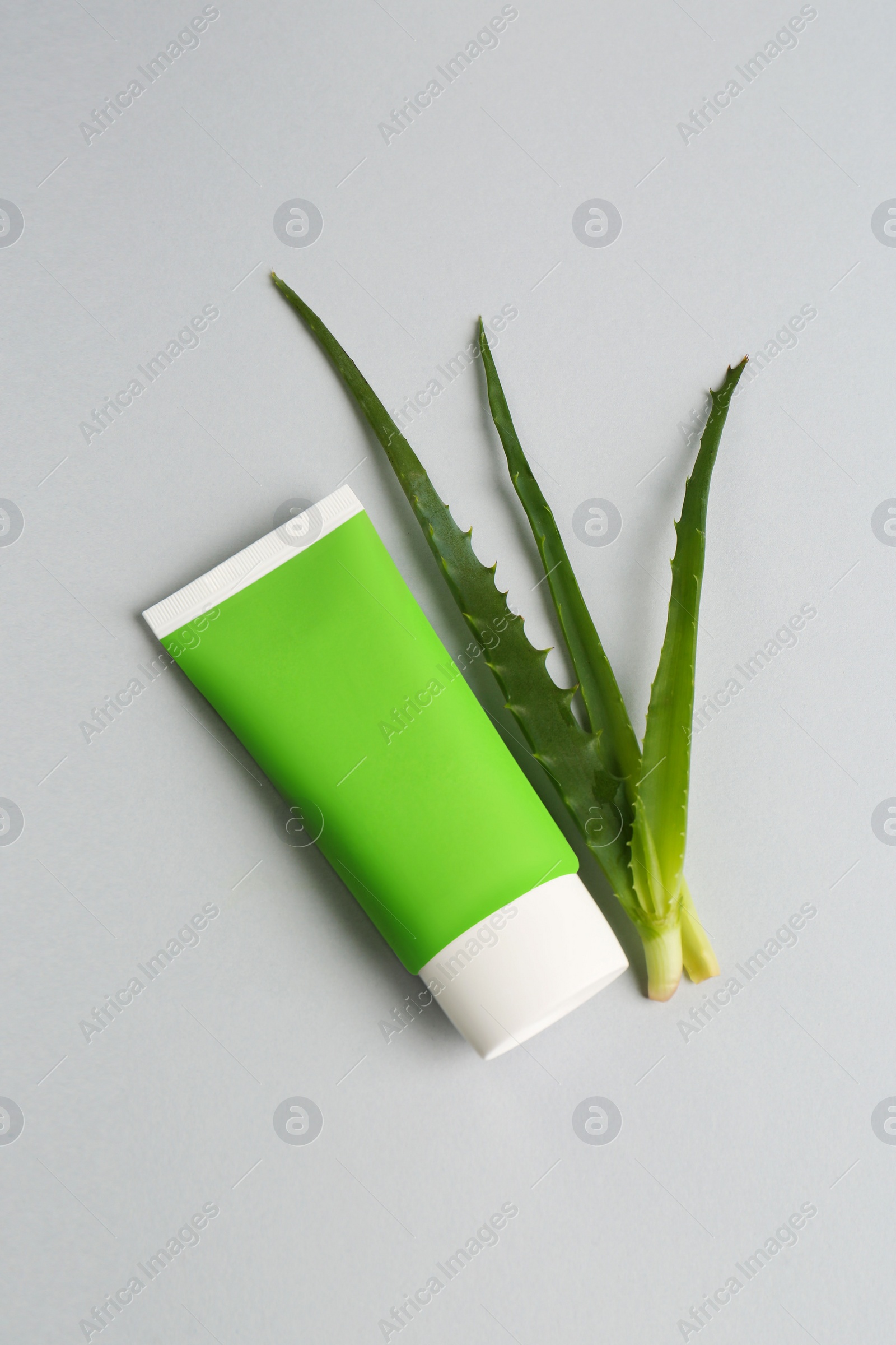 Photo of Tube of toothpaste and fresh aloe on light grey background, flat lay