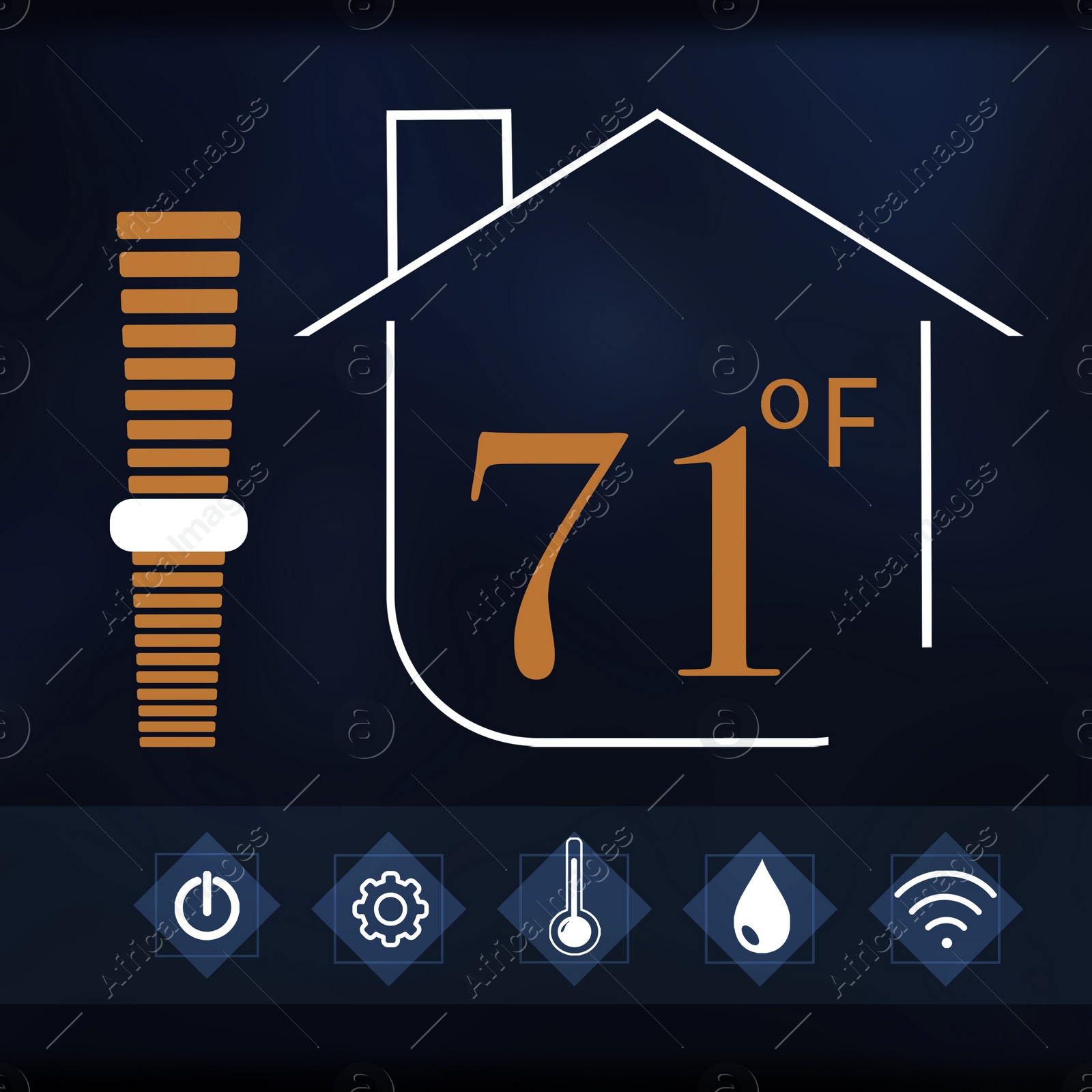 Illustration of Smart home system. Thermostat display showing ambient temperature in Fahrenheit scale and different icons