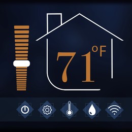 Smart home system. Thermostat display showing ambient temperature in Fahrenheit scale and different icons