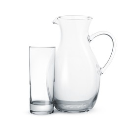 Empty glass and jug isolated on white