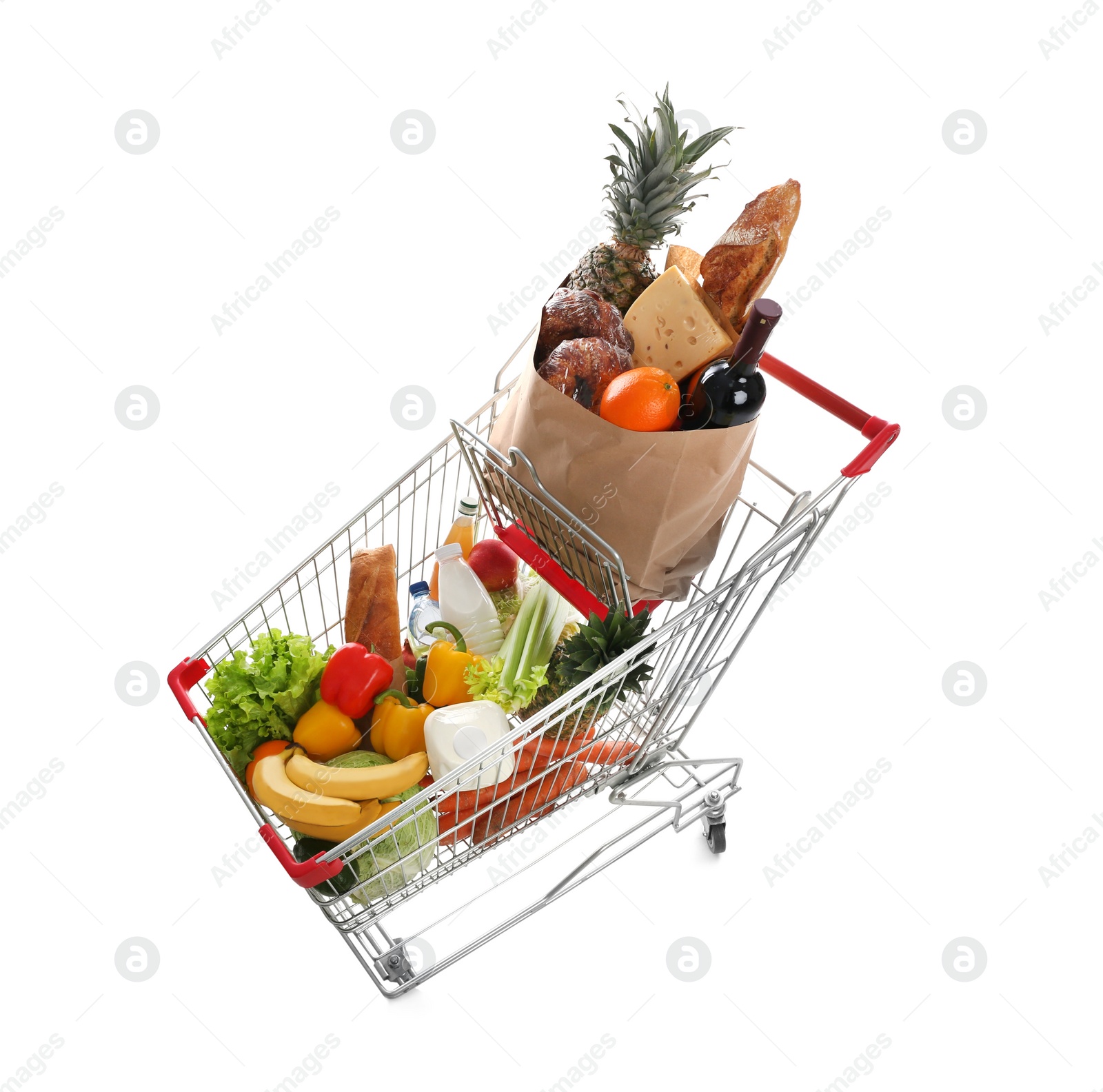 Photo of Shopping cart with groceries on white background, above view